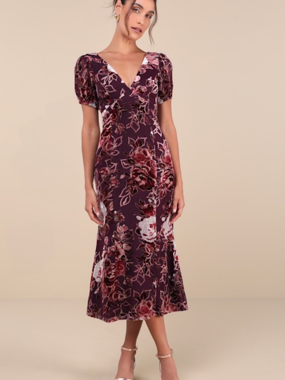 NWT Lulus Loving Approach Purple Velvet Burnout Puff Sleeve Midi Dress - Size S